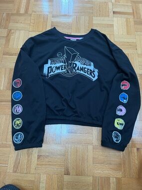 Power Ranger Black Long Sleeve Graphic Tee with Multicolor Ranger Icons